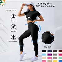 Ensemble de yoga taille haute élastique pour femme, respirant, léger, uni, avec crop top à manches courtes et leggings push-up, 2 pièces sans couture pour la gym
