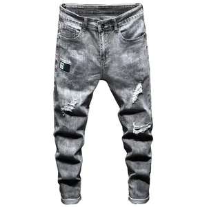 Pantalones de mezclilla de punto de algodón orgánico finos casuales para <span class=keywords><strong>hombre</strong></span>, de cintura alta, corte recto medio, con bordado de agujeros <span class=keywords><strong>rotos</strong></span>, formales para hombres jóvenes - Product Image 4