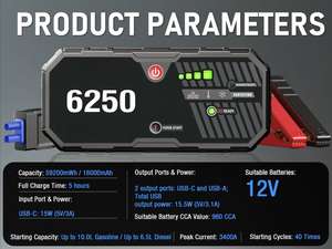 Démarreur de <span class=keywords><strong>batterie</strong></span> de <span class=keywords><strong>voiture</strong></span> portable, pack de démarrage rapide, câble de démarrage 45W pour moteurs <span class=keywords><strong>essence</strong></span> 12L et <span class=keywords><strong>diesel</strong></span> 10L - Product Image 5