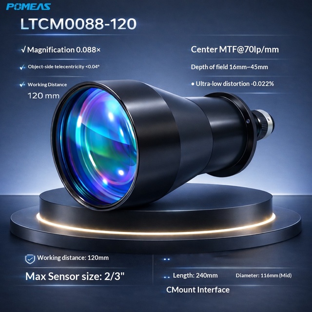 PUMIS PMS-LTCM0088-120 0.088X Telecentric Lens 120mm Distance C-Mount 1.1" Inch Machine Vision Lens 240mm Length 116mm Diameter