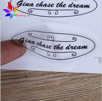 Logo autocollant personnalisé PVC, étiquette avec nom, marque privée, transparent, vente en gros, pièces