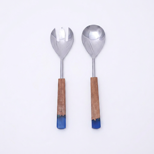 Cadeaux de Noël : Cuillères à salade en acier inoxydable avec manches en bois et marbre, vaisselle de service durable, ensemble d'ustensiles de cuisine - Product Image 1