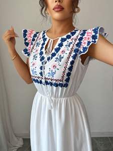 Vestido Largo Maxi de Mujer, Estilo Nuevo 2025, 100% Algodón Tejido, Cuello en V, Elegante, con Bordado Étnico, Estilo Casual - Product Image 5