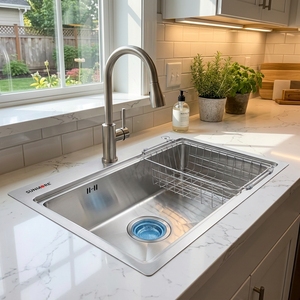 Évier de cuisine de luxe fait main en acier inoxydable à deux trous, à cuve unique, multifonctionnel avec panier d'égouttage - Prix de gros - Product Image 5
