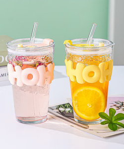 HECION Vasos <span class=keywords><strong>de</strong></span> Vidrio para Oficina, Tazas para Café y Bebidas, Vaso <span class=keywords><strong>de</strong></span> Agua <span class=keywords><strong>de</strong></span> Gran Capacidad con Pajita, Vaso Infantil, Regalos para Amigos, 450ML - Product Image 1
