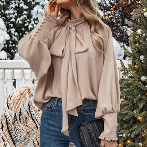 Elegante Blusa Holgada de Punto para Mujer, Manga Larga, Cuello con Botones, Puños Fruncidos, Tejido Transpirable, Estilo Casual de Primavera - Product Image 2