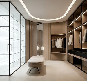 Clóset Moderno Curvo con Entrada - Acabado en Madera Clara y Paneles de Vidrio, Iluminación LED, Tocador Integrado para Espacios de Vestir de Lujo - Product Image 5