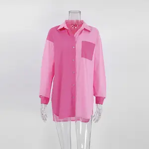 Nueva camisa de moda suelta de verano de manga larga rosa de lino de algodón para mujer