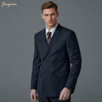 Setelan Jas Pria 2 Potong Bahan Campuran Wol Warna Navy Pinstripe Double Breasted 6 Kancing Kerah Peak Lapel Slim Fit Formal untuk Pernikahan Bisnis Kelas Atas