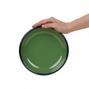 Assiette Ronde Décorative en Émail Vert avec Bordure Noire, Vaisselle Plate, Plats et Assiettes Émaillés, Design Couleur Unie, Qualité Alimentaire Sûre - Product Image 1