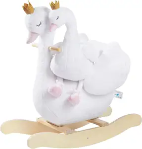 Kids Rocking Horse White Swan with Little Plush Doll Toys Stuffed Animal Wooden Rocker for Children 6 Months Boys and Girls