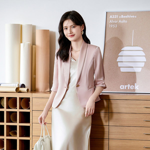 Women's Blazer Three Quarter Sleeve Solid Color Anti Wrinkle Spring Summer 2025 New Arrival Elegant Office Wear - Product Image 4