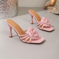 Sandales à fleurs roses pour femmes, mules à talon aiguille et bout carré ouvert, chaussures de soirée et de mariage, pantoufles
