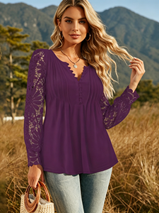 Blusa Casual de Verano para Mujer, Elegante, con Mangas de Encaje Morado, Cuello en V, Botones, Talla Grande - Product Image 5