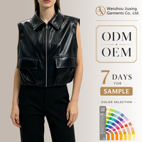 Chaqueta de cuero negra corta para mujer, chaleco de cuero informal estilo urbano, ropa exterior al por mayor hecha a medida