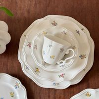 Service de vaisselle en céramique grès motif plantes de jardin français, compatible micro-ondes, style rétro, assiettes à dessert et pâtes, tasse à café et soucoupe