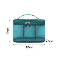 Sac de maquillage en maille personnalisé, transparent, avec poignée portable, double fermeture éclair, grande capacité, trousse de toilette de voyage pour femmes, étui de beauté cosmétique