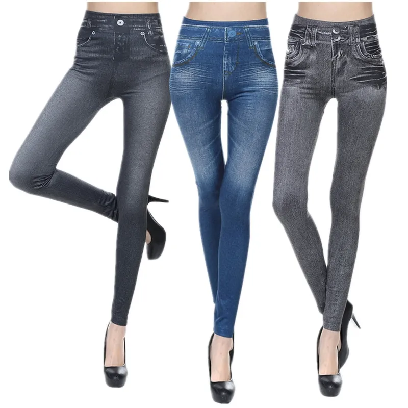 Wholesale women high waist tummy control printed leggings elastic fake denim jeans leggings with pocket