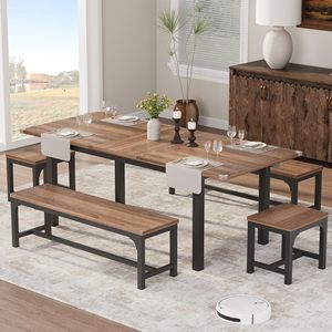 <span class=keywords><strong>Mesa</strong></span> de Comedor Extensible de Madera para 4-8 Personas, Diseño Industrial, Estructura Metálica Resistente, <span class=keywords><strong>Mesa</strong></span> Rectangular para <span class=keywords><strong>Cocina</strong></span>, Comedor, Muebles para el Hogar - Product Image 2