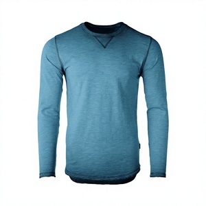 Blank Men <b>Long</b> <b>Sleeve</b> Scallop Hem Tee Custom X-Stitch Neckline Curved <b>Longline</b> T-Shirt Plain Streetwear Muscle Fit Cotton - Product Image 4
