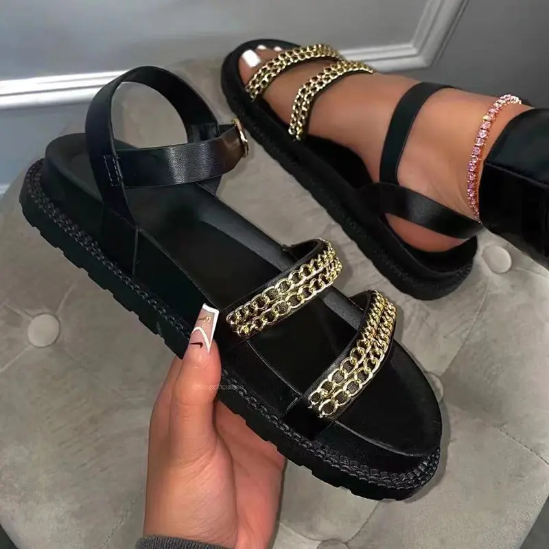 New Women PU Leather Beach Sandals Chain Straps Buckle Closure Shoes Fashion Platform Casual Sandals Slippers Plus size 36-43
