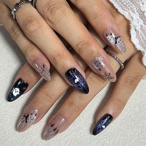 Uñas postizas de almendra para Halloween, pintadas a mano con efecto ojo de gato, uñas fantasma modernas, espeluznantes y elegantes, uñas postizas reutilizables, arte de uñas gótico - Product Image 1
