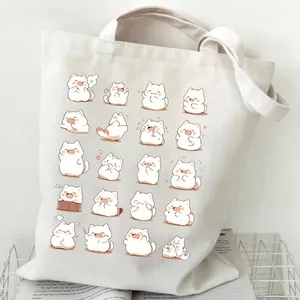 Sac fourre-tout en toile réutilisable pour femmes, imprimé de chats blancs mignons de dessin animé, vente en gros - Product Image 2