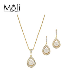 Conjunto de Pérolas Feminino 2 Peças Banhado a Ouro <span class=keywords><strong>18K</strong></span> em Liga de Cobre com Corrente, Pérolas de Água Doce Brancas 7-8mm Grau AAAAA Formato Botão Estilo Clássico - Product Image 1