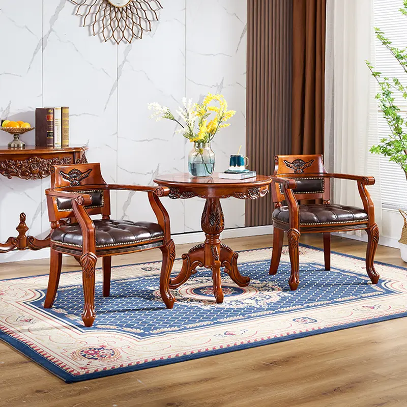 European-style genuine Leather dining chairs solid wood balcony coffee table chairs beauty salon reception desks and chairs