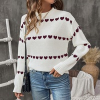 Pull en tricot à motif cœur pour femme, col rond, manches longues, pull ample, haut en tricot décontracté pour tous les jours, automne-hiver