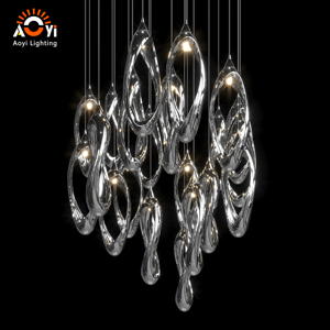 Lustre artistique effet miroir, grand luminaire suspendu en boucle torsadée pour plafond haut, salon, hôtel, projet - Product Image 3