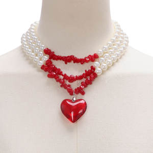 Collar de Perlas Multicapa con Colgante de Corazón, Estilo Europeo Americano, para Mujer, Color Rojo, para Fiestas - Product Image 4