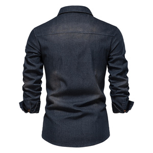 Camicie da uomo in Denim <span class=keywords><strong>blu</strong></span> scuro tinta unita con taglio in Denim lavato - Product Image 2