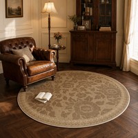 Tapis rond floral élégant, grand tapis circulaire marron antique, style tapisserie traditionnelle pour coin lecture et décoration intérieure