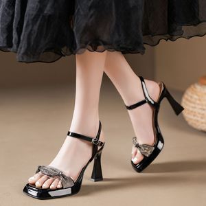 Sandales à talons Y5765 pour femmes, été, bout ouvert, talon épais, strass argentés, tendance mode - Product Image 3