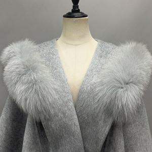 Jancoco gerçek yün panço kadınlar için yumuşak bayan şal kapşonlu yün pelerin gerçek tilki kürk Trim ile - Product Image 5