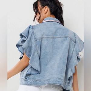Veste en jean bohème pour femme, modèle tendance, avec manches à volants, brodée, en coton de haute qualité, coupe courte - Product Image 4