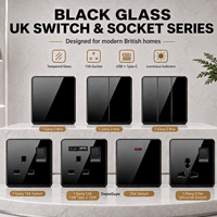 Prise électrique murale de luxe en verre trempé noir, prise britannique 13A, double prise 3 broches et interrupteur, prise murale universelle USB Type-C 18W
