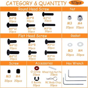 Kit de tornillos de control remoto universal, 520 piezas, acero al carbono, oxidación en negro, para coches y camiones RC, piezas de conexión de fijación - Product Image 4