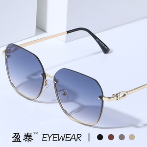Women's Sunglasses Metal Half Rim <b>Large</b> <b>Frame</b> UV400 Protection Gold Color - Product Image 1