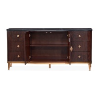 Commode sur mesure en noyer brun brillant avec design camélia, plateau en marbre, étagères réglables, console de rangement