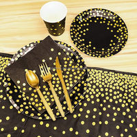 Ensemble de vaisselle de fête jetable dorée, vaisselle de fête jetable à pois dorés, assiettes en papier noir, serviettes, tasses