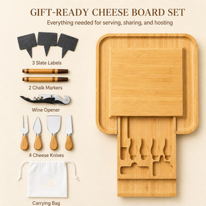 Tabla de Quesos de Bambú y Juego de Cuchillos, Tabla de Cortar Grande de Bambú para <span class=keywords><strong>Delicatessen</strong></span> y Embutidos, <span class=keywords><strong>Regalo</strong></span> Ideal para Inauguración de Casa - Product Image 2
