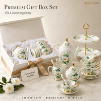 Service à thé en porcelaine fine Camélia Blanc avec bordure dorée, style Moyen-Orient, portable, comprenant théière, tasses, soucoupes, sucrier, crémier, support à gâteau, cuillère et coffret cadeau