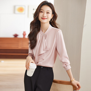 Purple Satin Shirt Women Long Sleeve Elegant Office Blouse Solid Color Polyester Fabric - Product Image 2