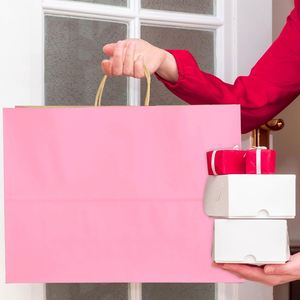 Sacs de courses en papier kraft blanc personnalisés, imprimés flexographiquement, recyclables, pour restaurants, boulangeries, aliments, avec poignée longue et logo – Vente en gros - Product Image 4