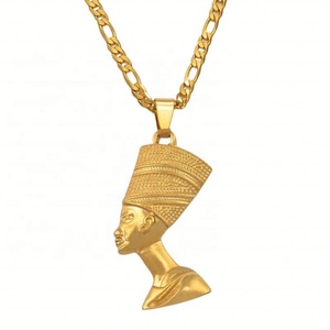 Collier africain vintage plaqué or, pendentif pharaon égyptien, reine Néfertiti, collier africain pour femmes et hommes - Product Image 1