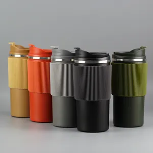 Tazas aisladas para coche con agarre de viaje, tazas de café personalizadas portátiles con logotipo con tapa a prueba de fugas, vacío, doble pared, acero inoxidable, 450ML