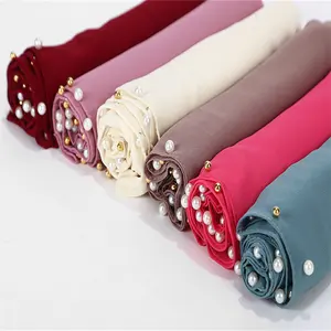 Top 5 teil/schachtel Premium Chiffon Pearl Hijab Solid Muslim Schal Damen Schal Wrap Custom Malaysian Kopftuch Female Foulard Stoles