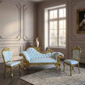 Victorian Style Gold Frame Blue Fabric <b>Sofa</b> Set with Two Chairs Stackable & Eco-Friendly for Commercial Hotel Use - Product Image 2